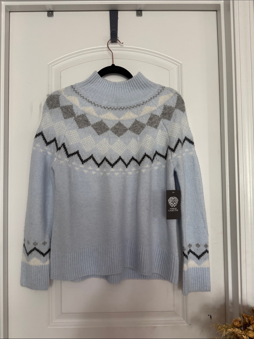 Vince Camuto Light Blue Fair Isle Mock Neck Sweater with Gray & Cream Accents